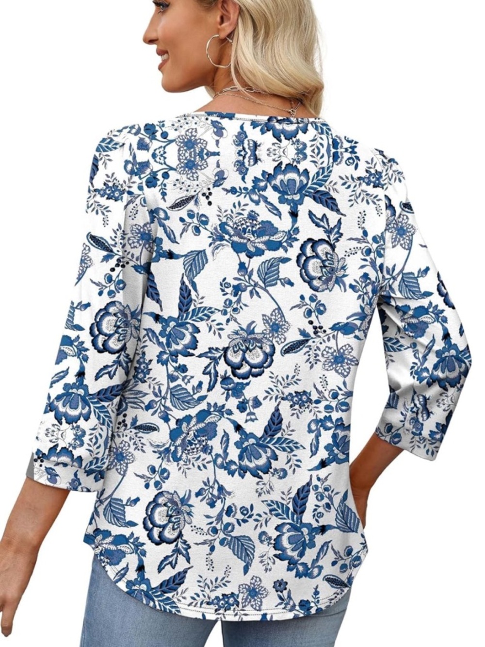OFEEFAN Blue White Floral Scoop Neck Top XL - Picture 2 of 7